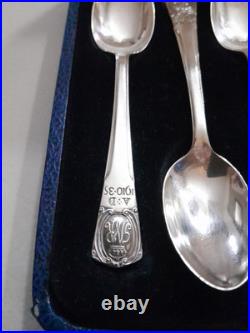 1934 Vintage R Bond & Co English 925 Silver 1910-1935 A. D 4 Spoons + Box