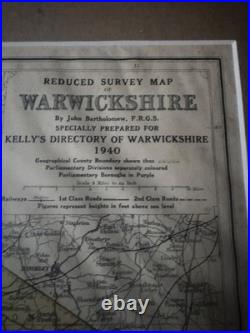 1940 Warwickshire Map Framed Vintage English County Map Kelly's Directory