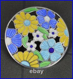 1945 Vintage English Silver and Enamel Flower Circular Brooch