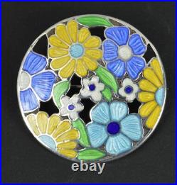 1945 Vintage English Silver and Enamel Flower Circular Brooch