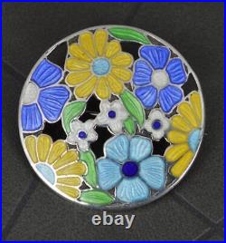 1945 Vintage English Silver and Enamel Flower Circular Brooch