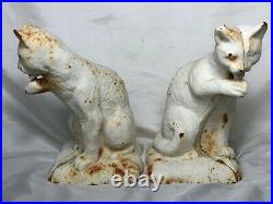 2 Fine Small Vintage Cast Iron Cute Feline Cat Animal Garden Statue Sculptures