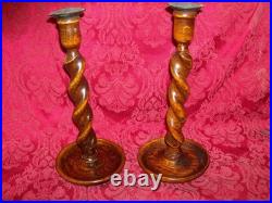 2 Vintage Antique English Oak Barley Twist 12 Candlestick Candle Holders