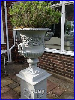 2 stately English cast iron vintage urns& bases 140cm H / grey lead treated