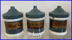 3 VTG ENGLISH GREEN CERAMIC & WOOD Apothecary Jars OPIUM, STRICHNINE, & RHUBARB