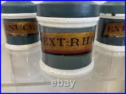 3 VTG ENGLISH GREEN CERAMIC & WOOD Apothecary Jars OPIUM, STRICHNINE, & RHUBARB