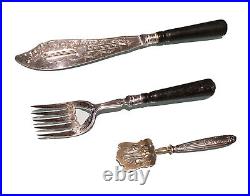 3 Vintage Antique English Etched Silver Plate Wood Handle Fish Servers Utensil