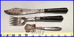 3 Vintage Antique English Etched Silver Plate Wood Handle Fish Servers Utensil