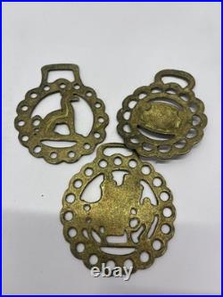 3 Vintage Horse Brasses Antique English Brass Harness Medallions Decor Set