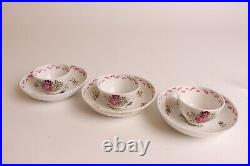 3x Antique English Worcester Cup and Saucers. 18th Century