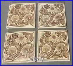 4 Vintage Antique Victorian English Porcelain Floral Decorated 6 Pottery Tiles