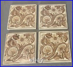 4 Vintage Antique Victorian English Porcelain Floral Decorated 6 Pottery Tiles