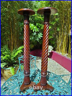 A Pair of Tall Vintage Solid Wood English Barley Twist Torchère Plant Stands