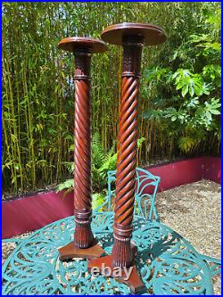 A Pair of Tall Vintage Solid Wood English Barley Twist Torchère Plant Stands