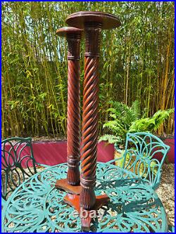 A Pair of Tall Vintage Solid Wood English Barley Twist Torchère Plant Stands