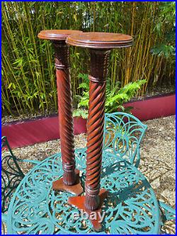 A Pair of Tall Vintage Solid Wood English Barley Twist Torchère Plant Stands