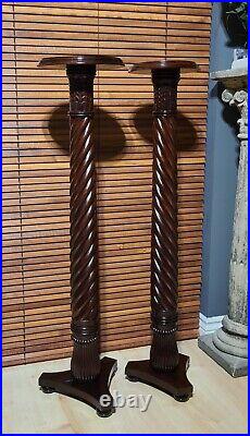 A Pair of Tall Vintage Solid Wood English Barley Twist Torchère Plant Stands