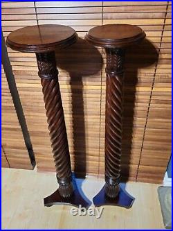 A Pair of Tall Vintage Solid Wood English Barley Twist Torchère Plant Stands