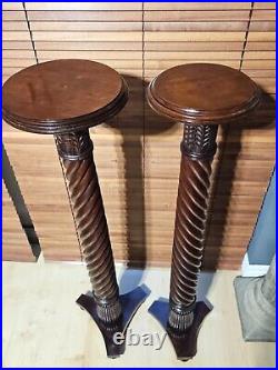 A Pair of Tall Vintage Solid Wood English Barley Twist Torchère Plant Stands