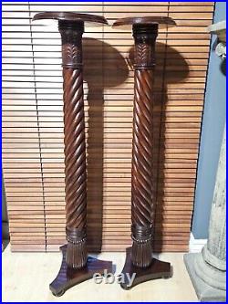 A Pair of Tall Vintage Solid Wood English Barley Twist Torchère Plant Stands