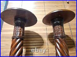 A Pair of Tall Vintage Solid Wood English Barley Twist Torchère Plant Stands