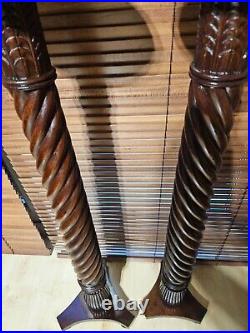 A Pair of Tall Vintage Solid Wood English Barley Twist Torchère Plant Stands