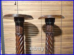 A Pair of Tall Vintage Solid Wood English Barley Twist Torchère Plant Stands