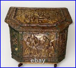 ANTIQUE 19c VINTAGE ENGLISH EMBOSSED BRASS REPOUSSE STORAGE Rolling Log Box Lrg