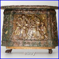 ANTIQUE 19c VINTAGE ENGLISH EMBOSSED BRASS REPOUSSE STORAGE Rolling Log Box Lrg