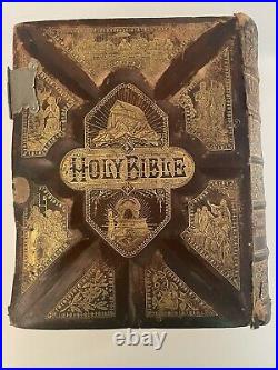 ANTIQUE VICTORIAN LEATHER FAMILY BIBLE VTG Newton Upper Fall MA MacLean Halliday