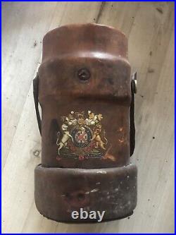 ANTIQUE VINTAGE ENGLISH Ammunition Carrier leather Bucket With Coat Of Arms