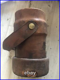 ANTIQUE VINTAGE ENGLISH Ammunition Carrier leather Bucket With Coat Of Arms