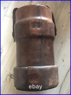 ANTIQUE VINTAGE ENGLISH Ammunition Carrier leather Bucket With Coat Of Arms