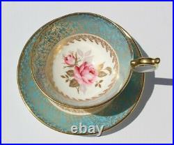 AYNSLEY English Bone China Porcelain Blue Cup & Saucer Pink ROSE Gold Gilt 2539