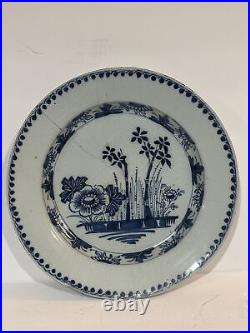 Antique 18th English Delftware Plate Blue Bamboo And Peonies C. 1760 11.5 D