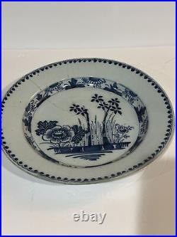 Antique 18th English Delftware Plate Blue Bamboo And Peonies C. 1760 11.5 D