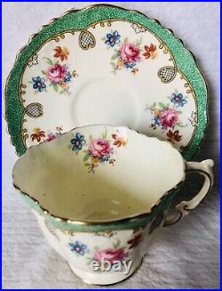Antique Aynsley Heirloom English Bone China Gilt Cup/Saucer Green Flowers Hearts