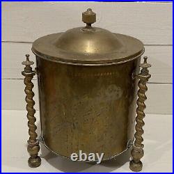Antique Brass Coal Bin Hod English Ash Bucket Lid Barley Twist Fireplace Decor