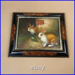 Antique Bunny Rabbit Oil Painting Picture Vintage Wooden Frame Realist Herring