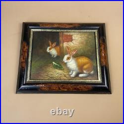 Antique Bunny Rabbit Oil Painting Picture Vintage Wooden Frame Realist Herring