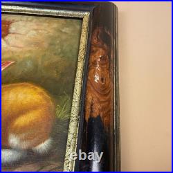Antique Bunny Rabbit Oil Painting Picture Vintage Wooden Frame Realist Herring
