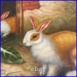 Antique Bunny Rabbit Oil Painting Picture Vintage Wooden Frame Realist Herring