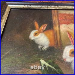 Antique Bunny Rabbit Oil Painting Picture Vintage Wooden Frame Realist Herring