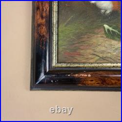 Antique Bunny Rabbit Oil Painting Picture Vintage Wooden Frame Realist Herring