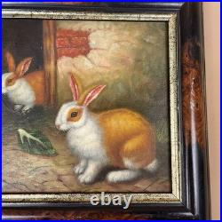 Antique Bunny Rabbit Oil Painting Picture Vintage Wooden Frame Realist Herring