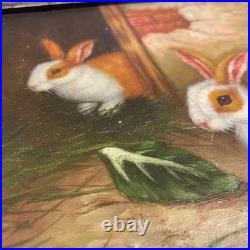 Antique Bunny Rabbit Oil Painting Picture Vintage Wooden Frame Realist Herring