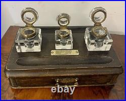Antique C1900's English Triple Inkwell Desk Set With Drawer And Pen Stand