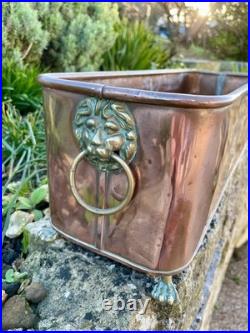 Antique Copper Planter herb trough brass lion handles & paw feet, 45cm long GC