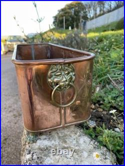 Antique Copper Planter herb trough brass lion handles & paw feet, 45cm long GC