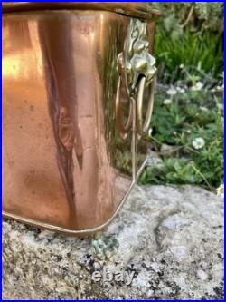 Antique Copper Planter herb trough brass lion handles & paw feet, 45cm long GC